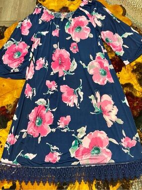 MOA USA Navy Midi Dress with Bold Pink Floral Print